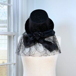 Black Lacey Top Hat Spiderweb Lace Ribbon Bow Sequins Costume Cosplay Goth